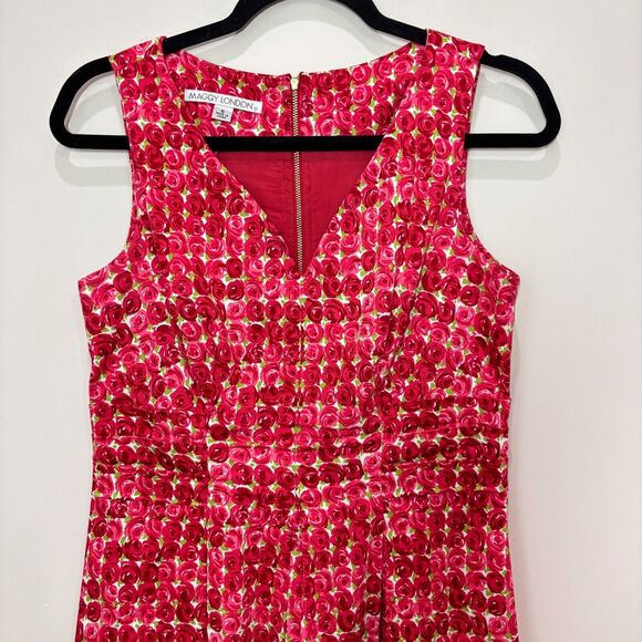 Maggie London Red Roses Fit Flare Dress 6 Tea Party Garden Mothers Day Easter - Picture 2 of 10